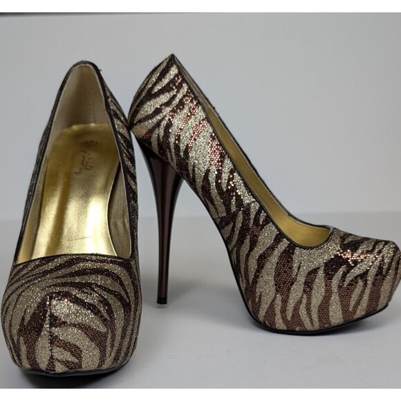 Qupid Shoes - Qupid Women's Shoes 5 Inch Heels Gold Brown Stripes Size 6 Party Dress Glitter!